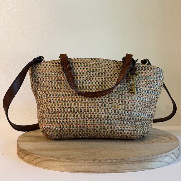 Fossil Multi Colored Woven Brown Leather Top Handle Crossbody Medium Bag - Picture 1 of 16